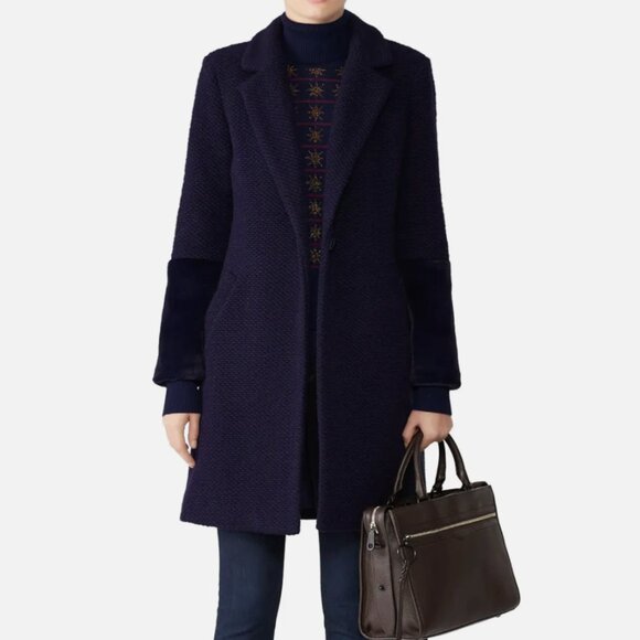 Hutch Anthropologie Womens Elaina Navy Blue Tweed Faux Fur Sleeves Coat Small - Picture 1 of 9